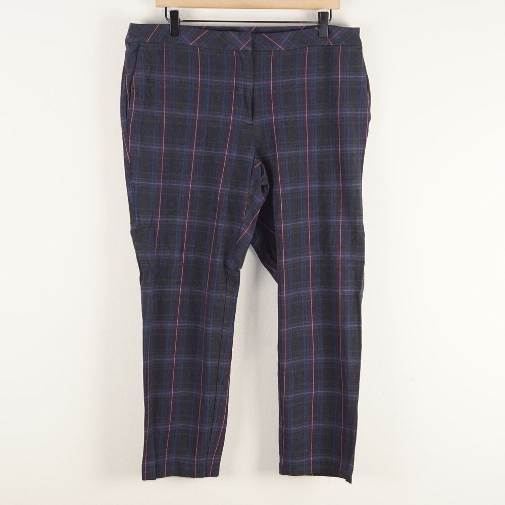 J Jill Premium Bi Stretch Plaid Cotton Blend Ankle Gray Purple Pants Womens 14